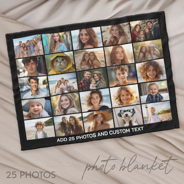 25 Fotokollage - Anpassad text - Svart Fleecefilt (Photo Blanket - Customize with your favorite pictures)