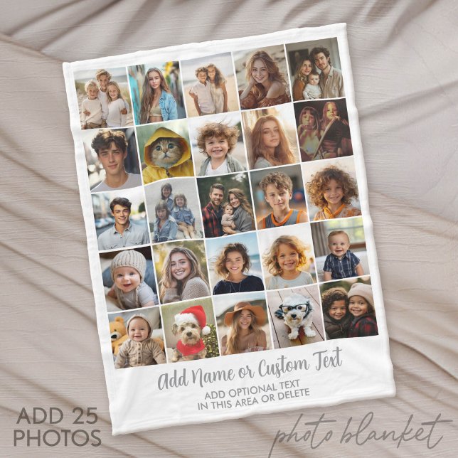 25 Fotokollage - Anpassad text - Vit Grå Fleecefilt (Custom Fleece Blanket with Photo Collage for Family and Friends)