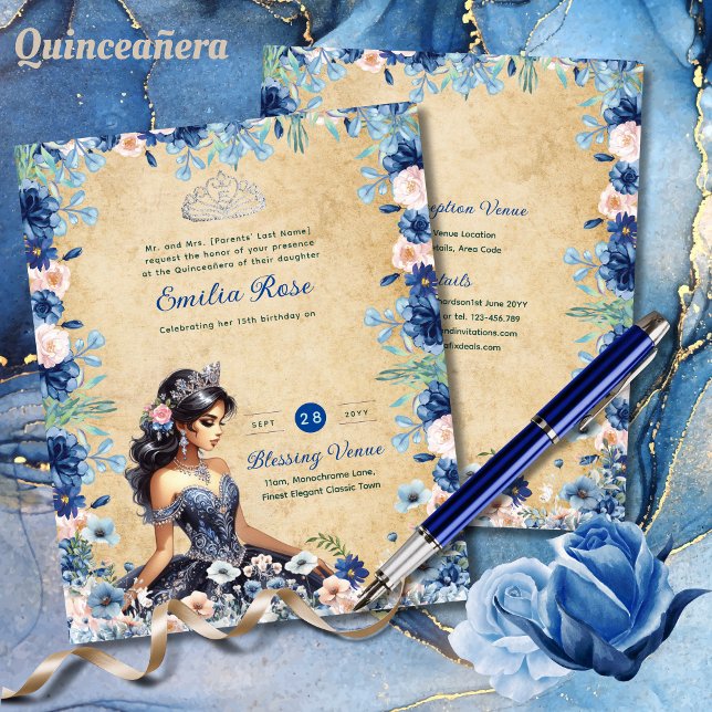 25 Havsblå Quinceanera Dress Blommigt Ro Flygblad (Skapare uppladdad)
