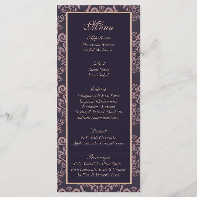 25 Lila Damask Snöre Bröllop Menu Meny (Framsida)