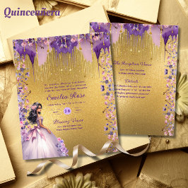 25 Lila Guld Gnistra Quinceanera Dress Blommigt Flygblad