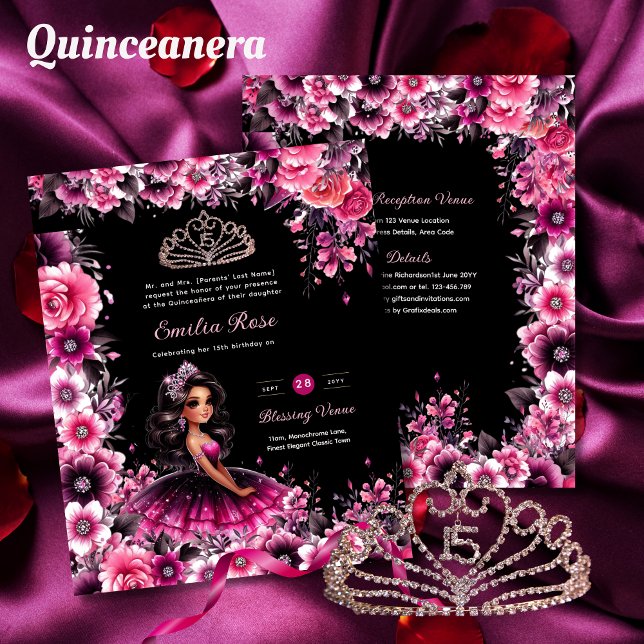25 Magenta Rosa Quinceanera Dress Blommigt Papper Flygblad (Skapare uppladdad)