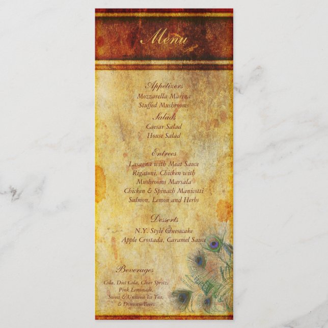 25 Märkre för Peacock Feather Bröllop Menu Meny (Framsida)