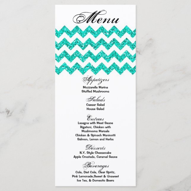 25 Menykort Teal Glitter Chevron Zig Zag Skriv ut Meny (Framsida)