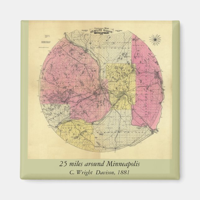 25 Miles Around Minneapolis - 1881 Karta Magnet (Framsidan)