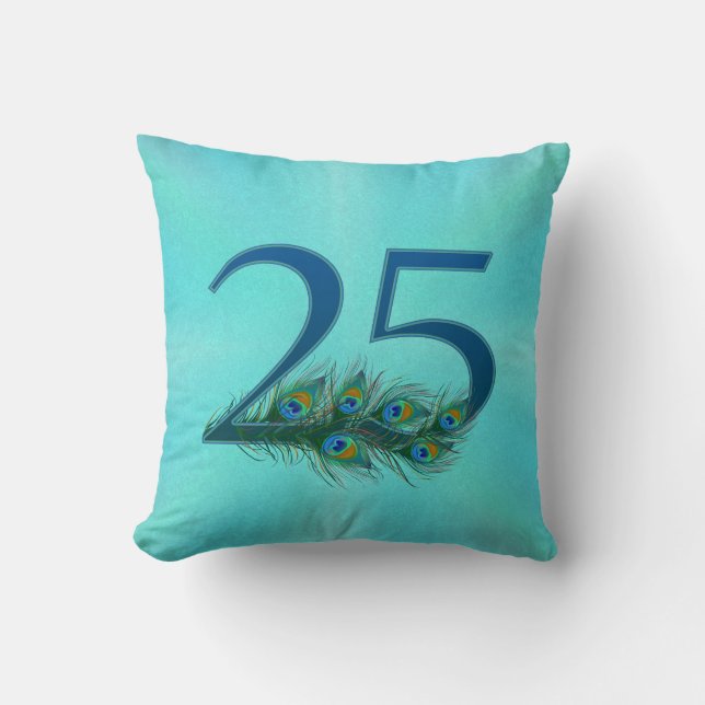 25 Påfågelsfjäder Födelsedag Jubileum Elegant Kudde (Framsida)