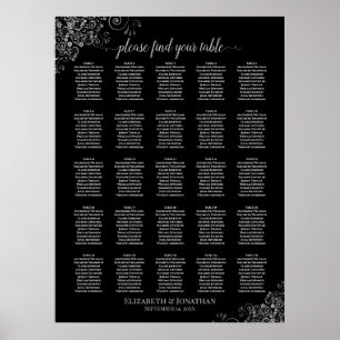 25 passagerardiagram Bord Silver och Svarta Bröllo Poster