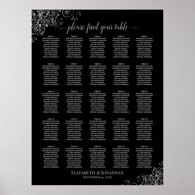 25 passagerardiagram Bord Silver och Svarta Bröllo Poster (Framsidan)