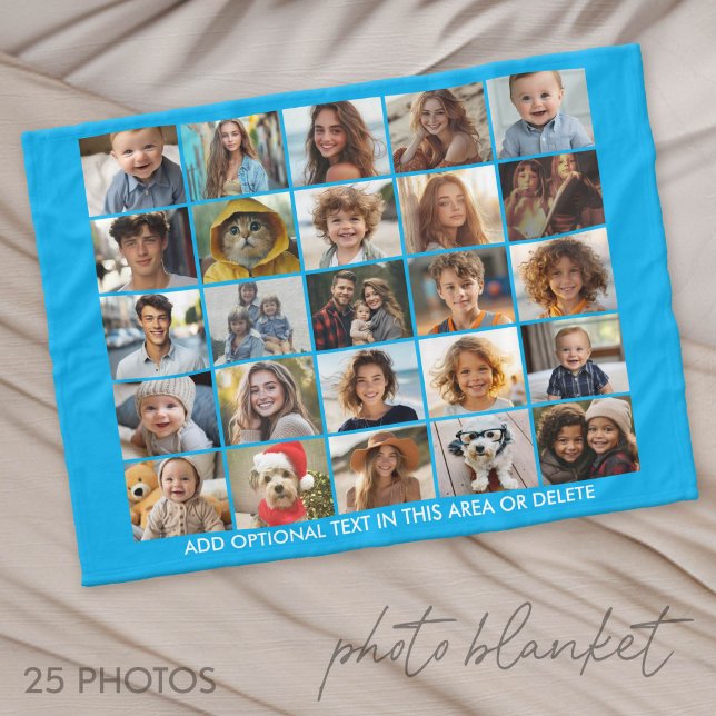 25 Photo Collage - Custom Text - Blue Fleecefilt (Photo Blanket - Customize with your favorite pictures)