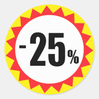 25 % prislistermärken med röd vit gult runt klistermärke