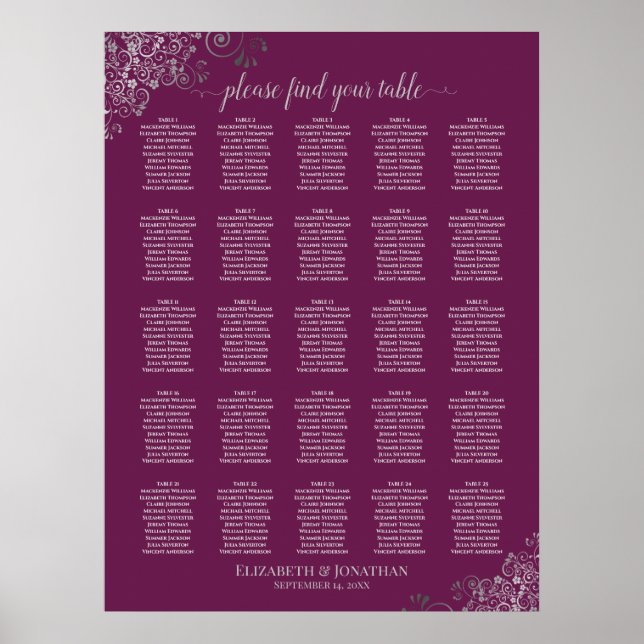 25 sittplatsdiagram för Bord Silver & Cassis Bröll Poster (Framsidan)