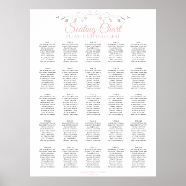 25 sittplatsplan för Rosa och Grått Elegant bröllo Poster (Framsidan)
