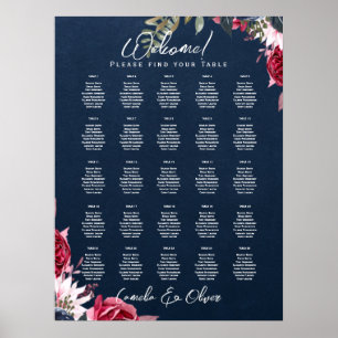 25 Table Burgundy Floral Fall Seating Charts Poster