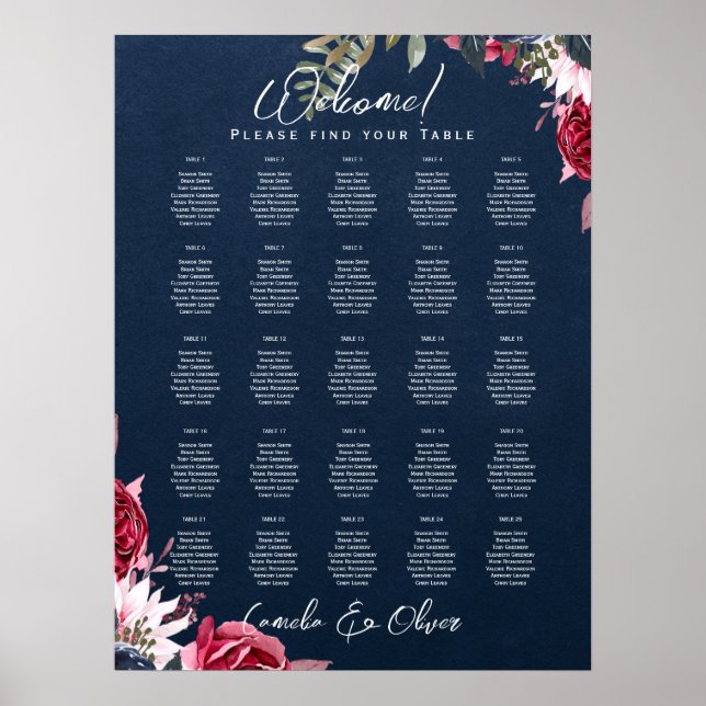 25 Table Burgundy Floral Fall Seating Charts Poster (Framsidan)