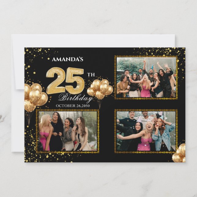 25 th Birthday Gold Silver Black Balloons Inbjudningar (Framsida)