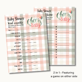 25 x 2 Cheers to Baby Sage Peach Gingham GAMES Flygblad