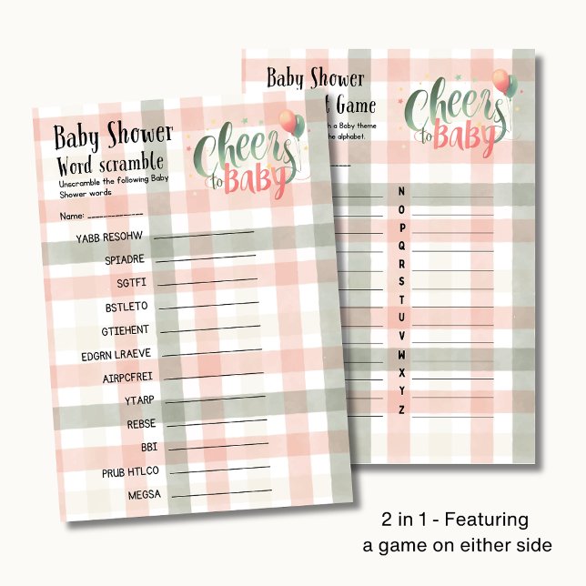 25 x 2 Cheers to Baby Sage Peach Gingham GAMES Flygblad (Skapare uppladdad)