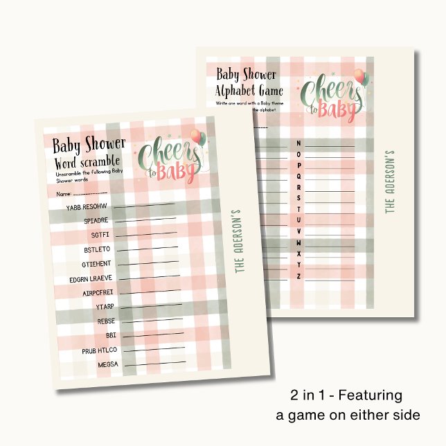 25 x 2 Cheers to Baby Sage Peach Gingham GAMES Flygblad (Skapare uppladdad)