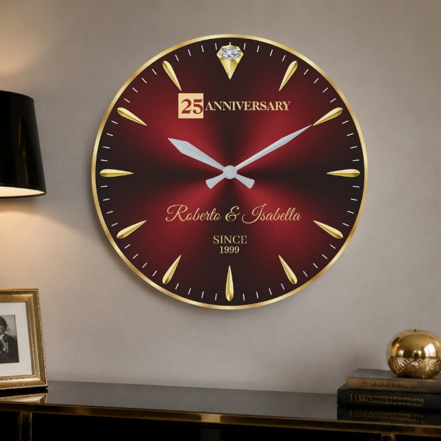 25th Anniversary Elegant Ruby Red & Gold Wedding A Stor Klocka (Skapare uppladdad)