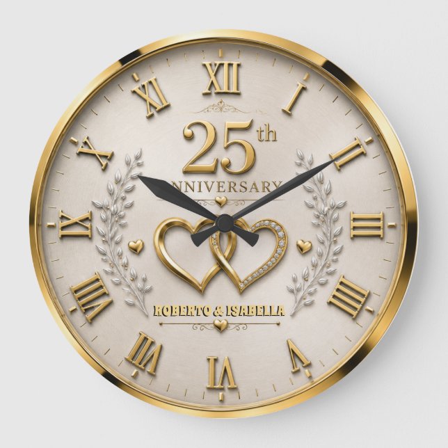 25th Anniversary Elegant Silver & Gold Wedding  Stor Klocka (Framsida)