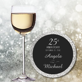 25th Anniversary Silver Sparkle Black Stylish Glam Underlägg Papper Rund