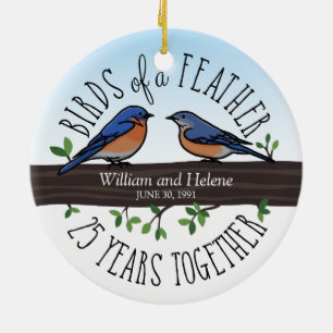 25th Bröllopsdag bluebirds av en fjäder Julgransprydnad Keramik