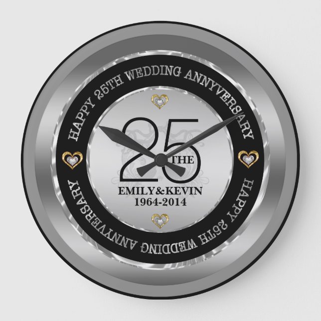 25th Bröllopsdagsilver & svart Stor Klocka (Framsida)
