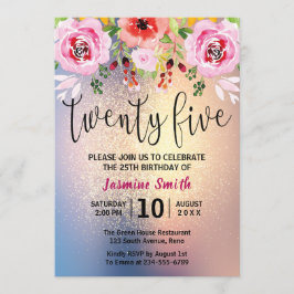 25th födelsedag för modernt blom- guld- glitter inbjudningar