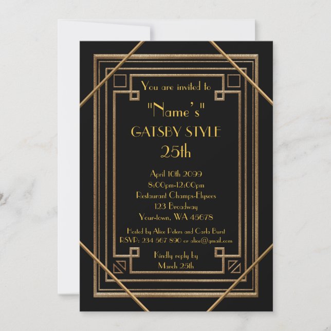 25th, födelsedagsfest-, Gatsby stil, svart & guld Inbjudningar (Framsida)
