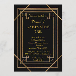 25th, födelsedagsfest-, Gatsby stil, svart & guld Inbjudningar