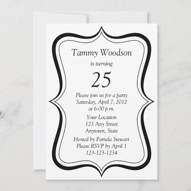 25th födelsedagsfest inbjudan för modern svart (Framsida)