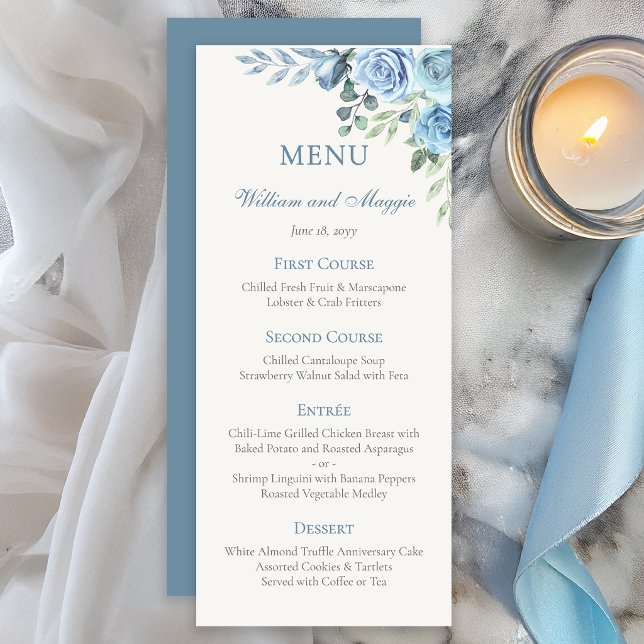 25th Wedding Anniversary Blue Floral Elegant Meny (Elegant blue floral 25th anniversary menu card for formal dinner settings)