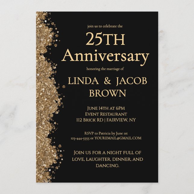 25th Wedding Anniversary Gold Faux Glitter  Inbjudningar (Framsida)