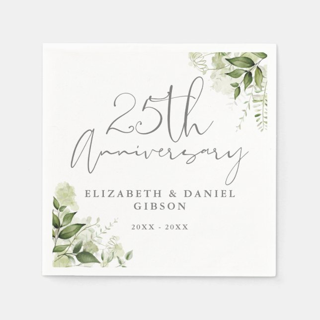 25th Wedding Anniversary Greenery Silver Script Pappersservett (Framsidan)