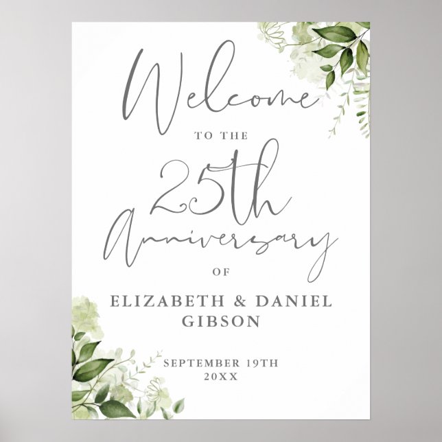 25th Wedding Anniversary Greenery Welcome Sign Poster (Framsidan)