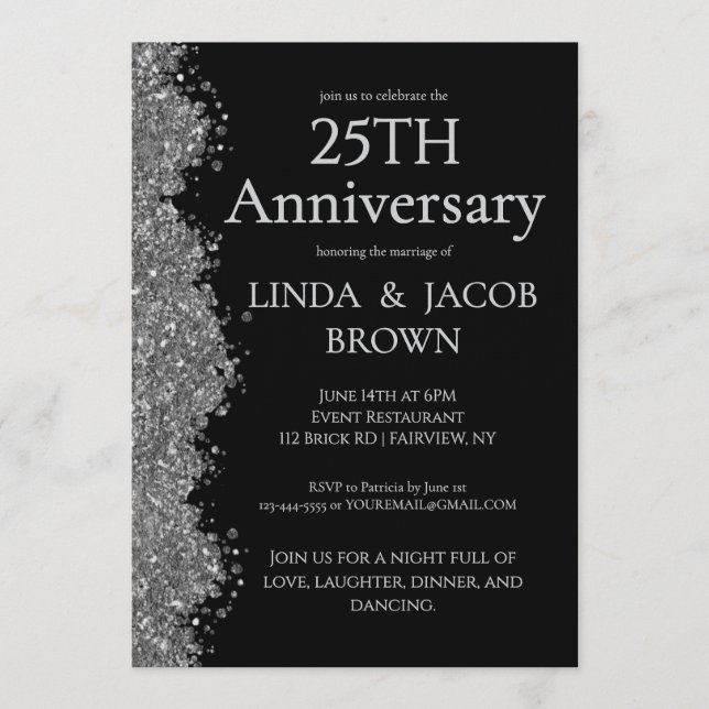 25th Wedding Anniversary Silver Faux Glitter  Inbjudningar (Framsida)