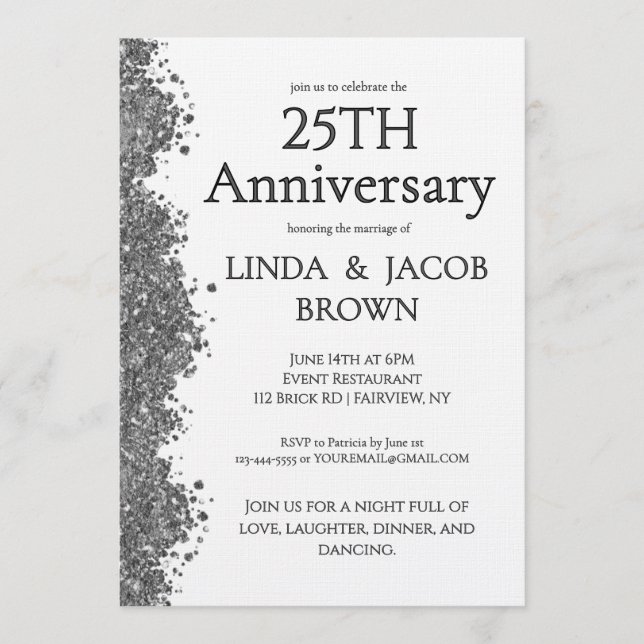 25th Wedding Anniversary Silver Faux Glitter  Inbjudningar (Framsida)