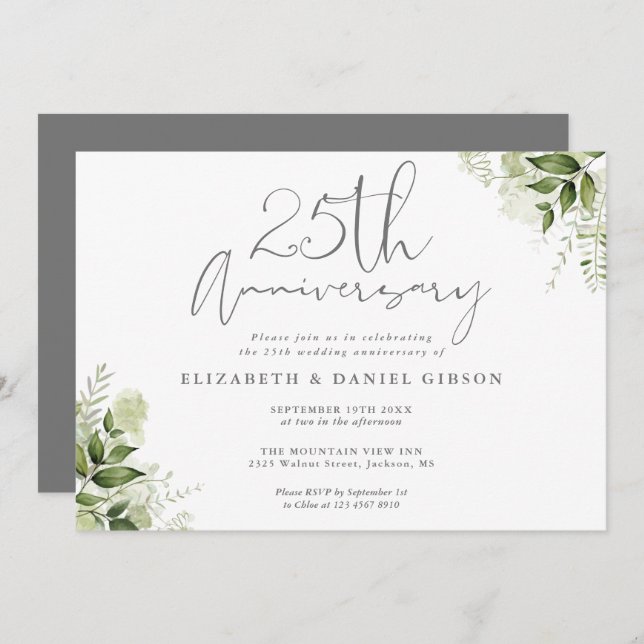 25th Wedding Anniversary Silver Script Floral Inbjudningar (Fram/baksida)