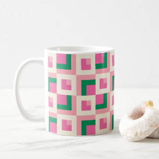26039A Geometriskt Pinwheel Blockmönster Rosa Grön Kaffemugg