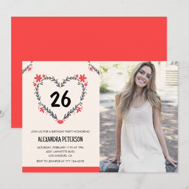 26-års födelsedagsinbjudningar till henne Blommig  Inbjudningar (Fram/baksida)