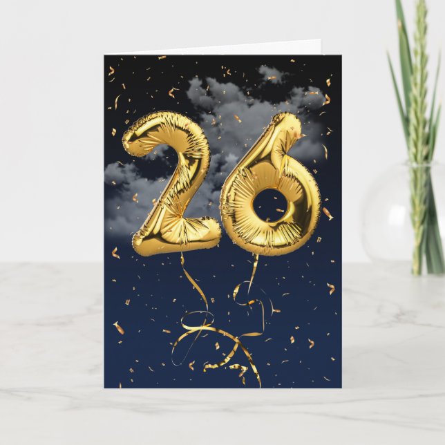 26-årsdag Guld Mylar-ballong och konfettikort Kort (Framsida)