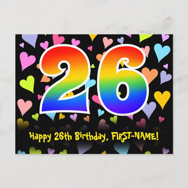 26-årsdag: Roligt hjärtmönster, regnbåge 26 Vykort (Framsida)