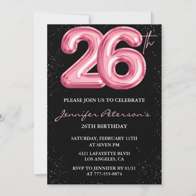 26-årsinbjudningar Rosa Balloon Glam Black Inbjudningar (Framsida)