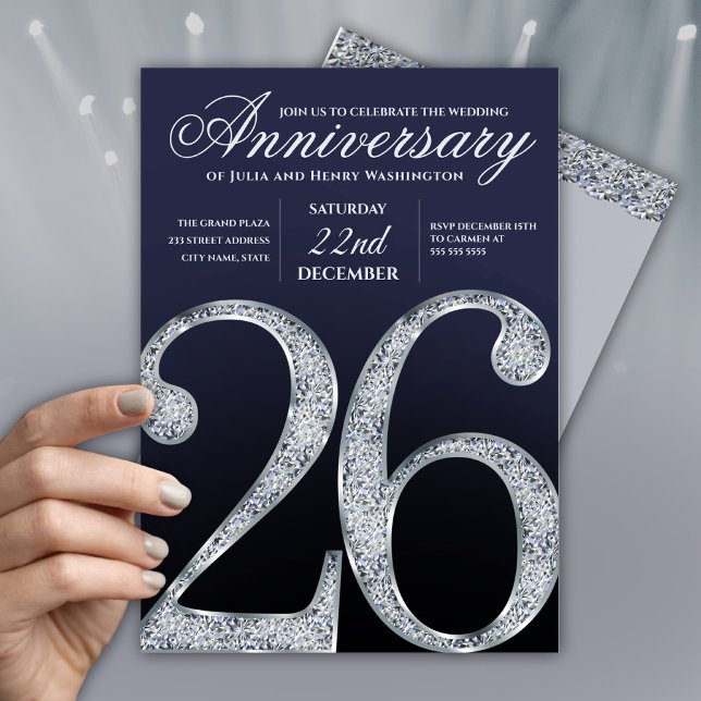 26-årsjubileum Diamant Silver Mörkblå År Inbjudningar (Skapare uppladdad)