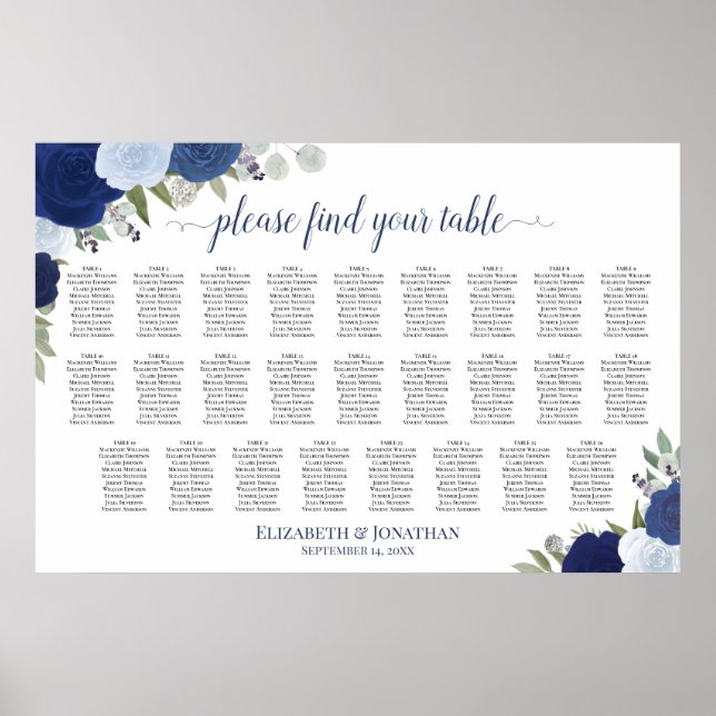 26 Bord Blå Boho Rosor Bröllopsplatskarta Poster (Framsidan)