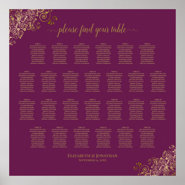26 Bord Bröllopsplatskarta Cassis Lila Guld Poster (Framsidan)