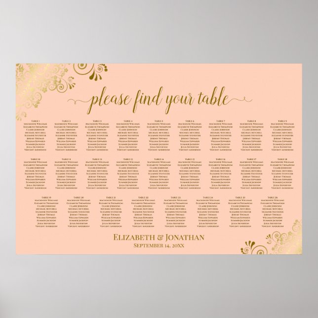 26 Bord Bröllopsplatskarta Coral Peach & Guld Poster (Framsidan)