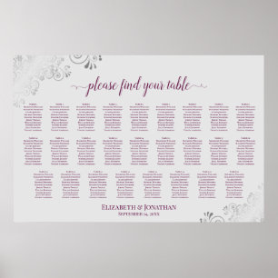 26 Bord Bröllopsplatskarta Magenta Plommon & Grå Poster