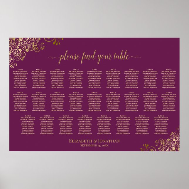 26 Bord Bröllopsplatskarta Magenta Plommon & Guld Poster (Framsidan)