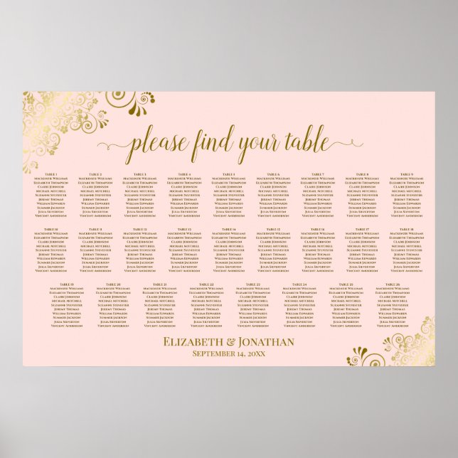 26 Bord Bröllopsplatskarta Rosa & Guld Poster (Framsidan)